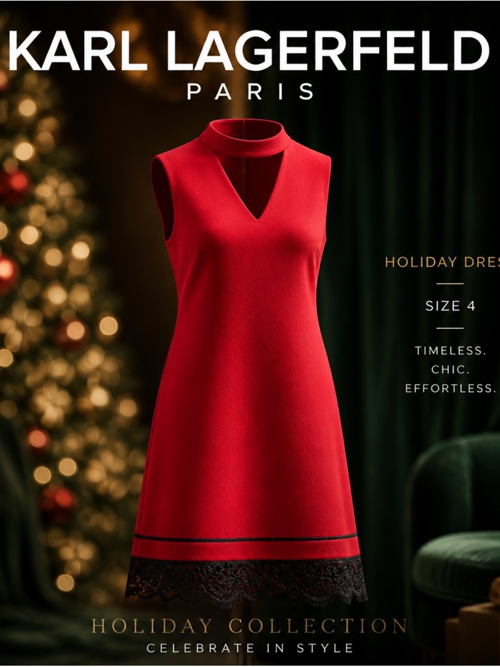 Karl Lagerfeld Red Sleeveless V-Neck Dress with Lace Hem size 4